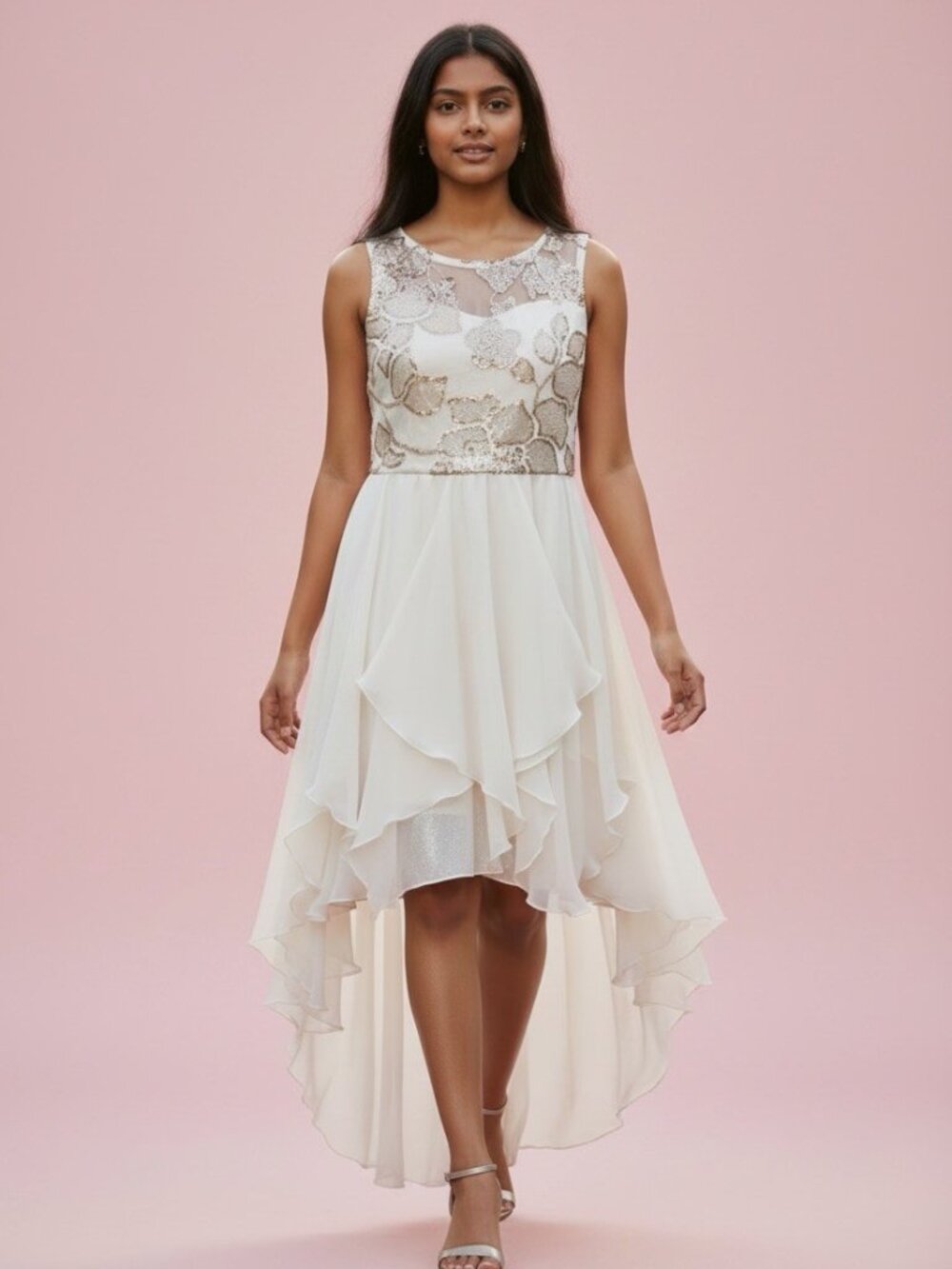 Girls' Tween Diva Sequin Embroidered Bodice to Chiffon Dress Ivory Gold Size 14